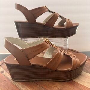Michael Kors Women Tan Leather Platform Wedge Sandals Zip Gold Hardware 10M